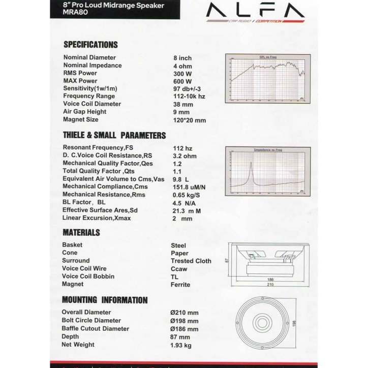 Bocina Alfa A 8.0in 300W RMS 4Ohm