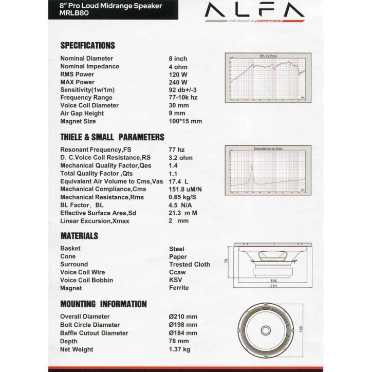 Bocina Alfa LB 8.0in 120W RMS 4Ohm