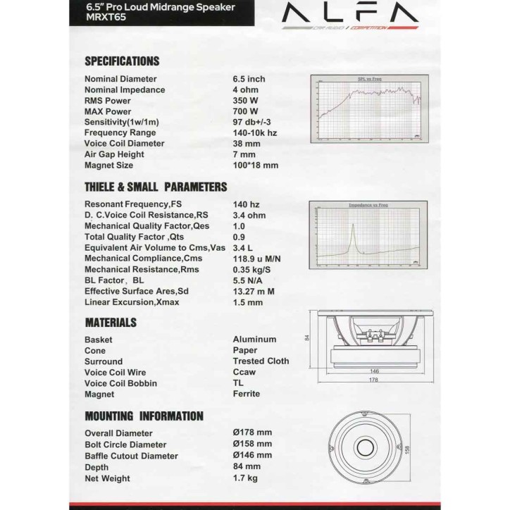 Bocina Alfa XT 6.5in 350W RMS 4Ohm