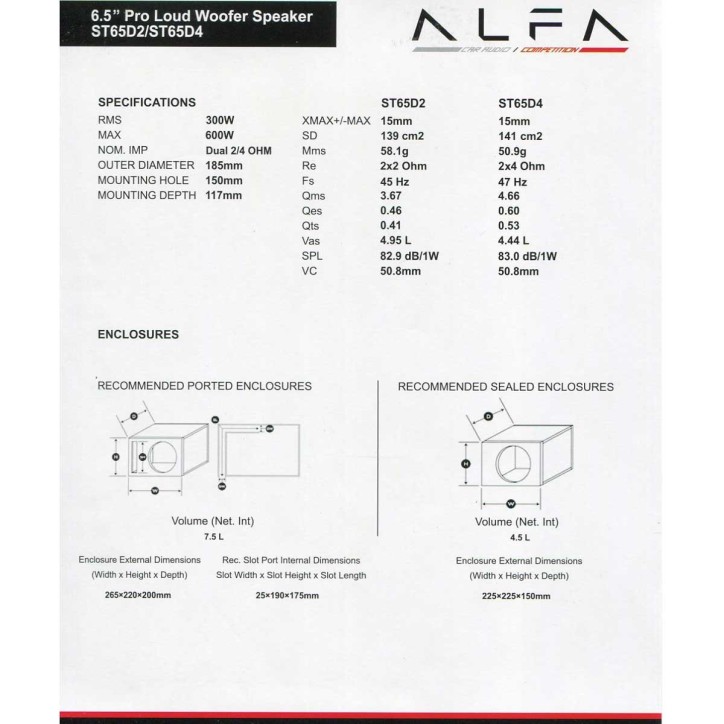 Subwoofer Alfa ST 6.5in 300W RMS Dual 4Ohm