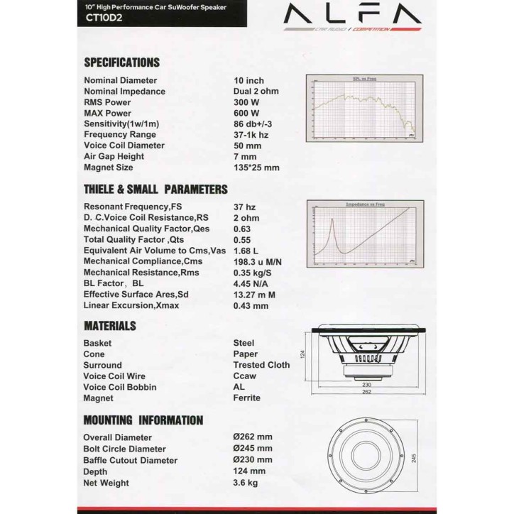 Subwoofer Alfa CT 10in 300W RMS Dual 2Ohm