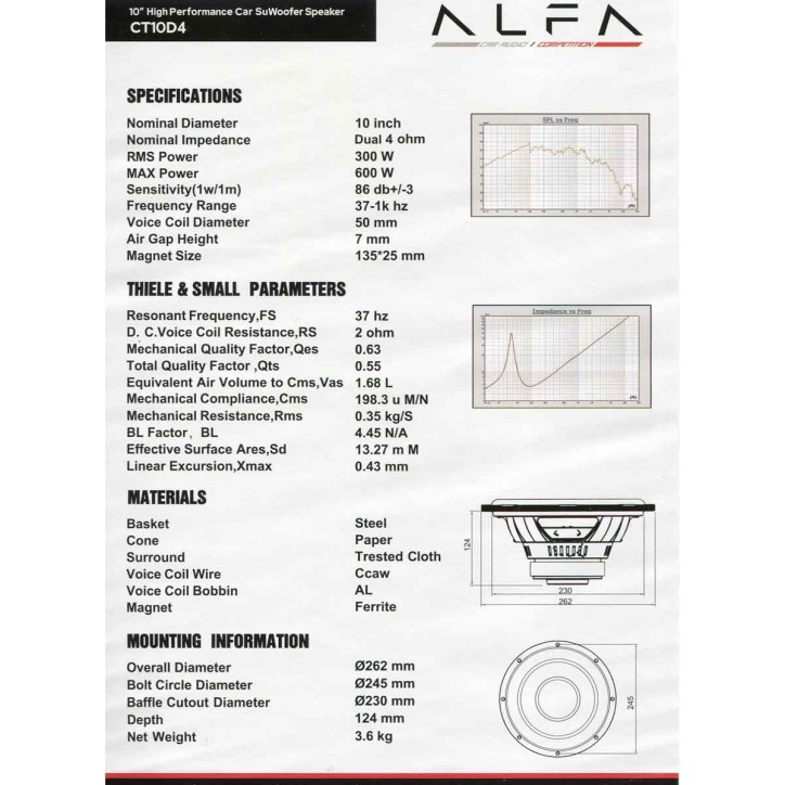 Subwoofer Alfa CT 10in 300W RMS Dual 4Ohm