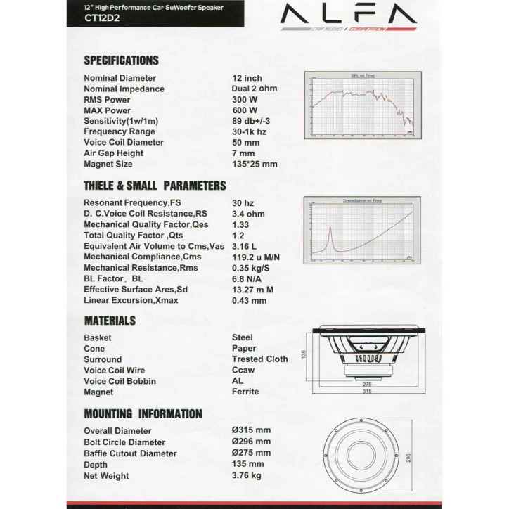 Subwoofer Alfa CT 12in 300W RMS Dual 2Ohm