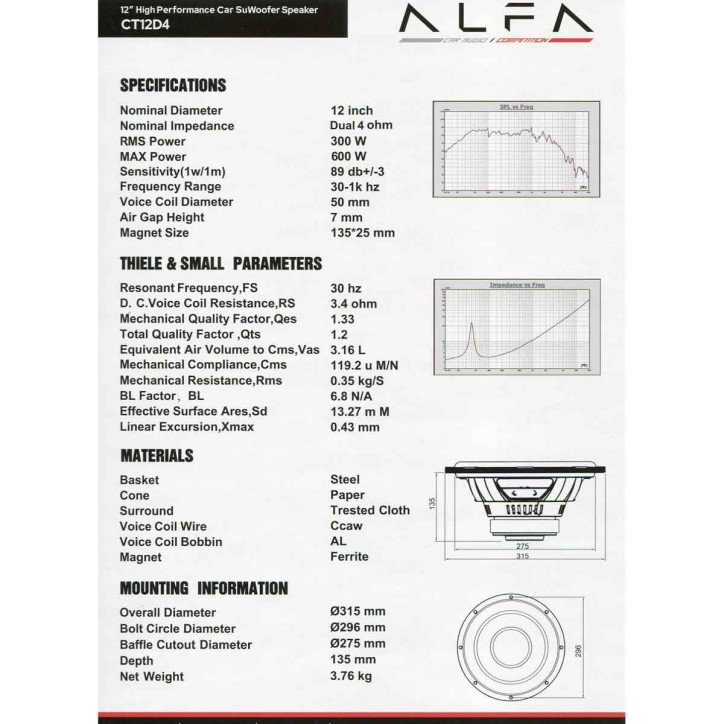 Subwoofer Alfa CT 12in 300W RMS Dual 4Ohm