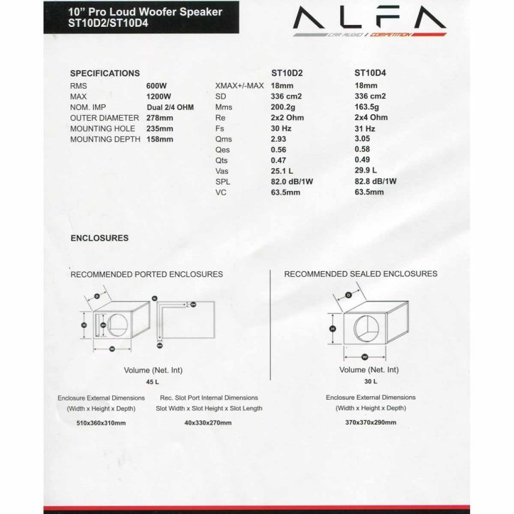 Subwoofer Alfa ST 10in 600W RMS Dual 4Ohm