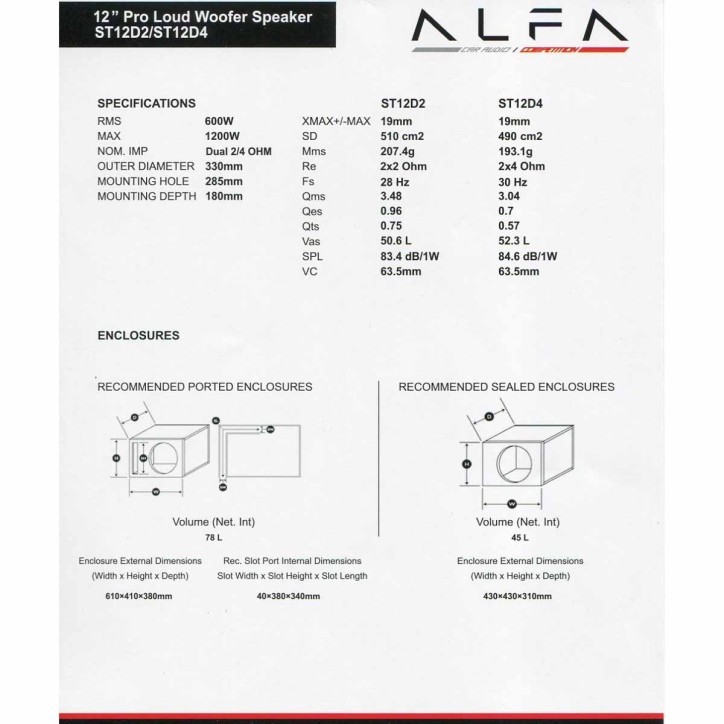 Subwoofer Alfa ST 12in 600W RMS Dual 2Ohm