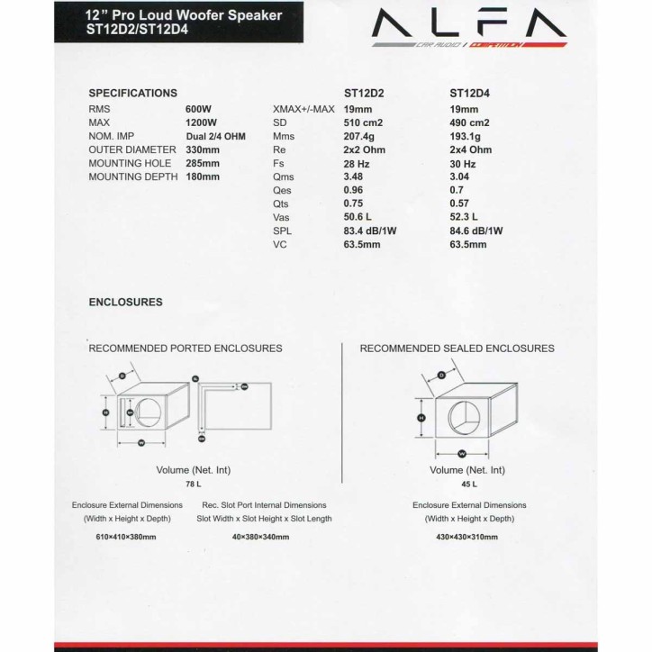 Subwoofer Alfa ST 12in 600W RMS Dual 4Ohm