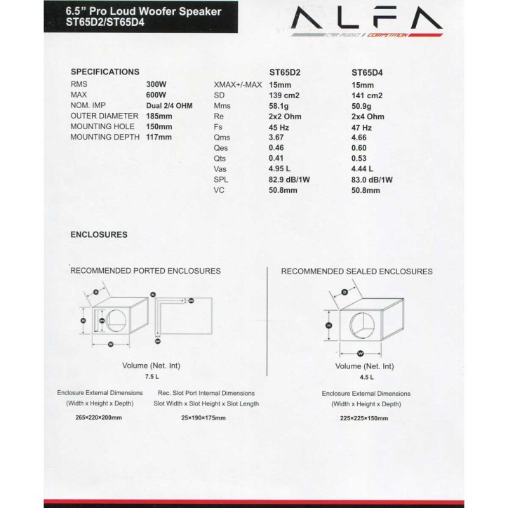 Subwoofer Alfa ST 6.5in 300W RMS Dual 2Ohm